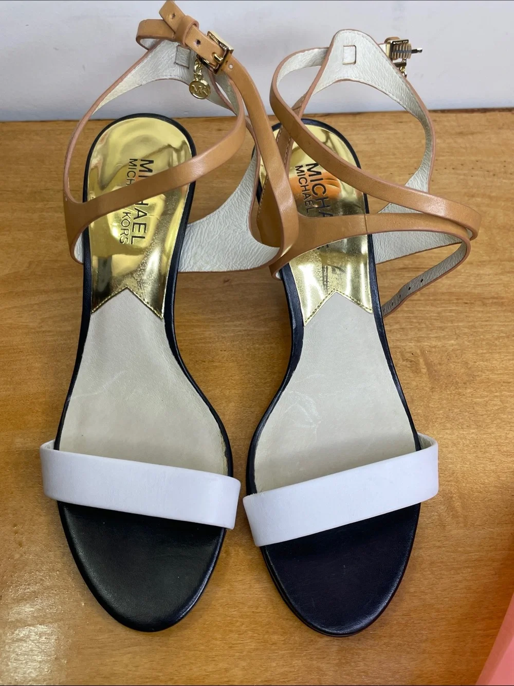 Michael Kors White, Tan and Black Strappy Heels. Size 7.5